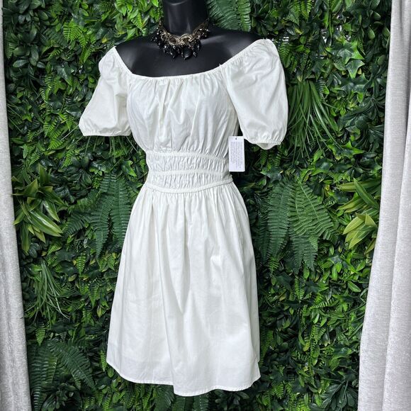 AND NOW‎ THIS Dress Women XS White Off Shoulder Babydoll Smocked Waist 2208 - Picture 1 of 10
